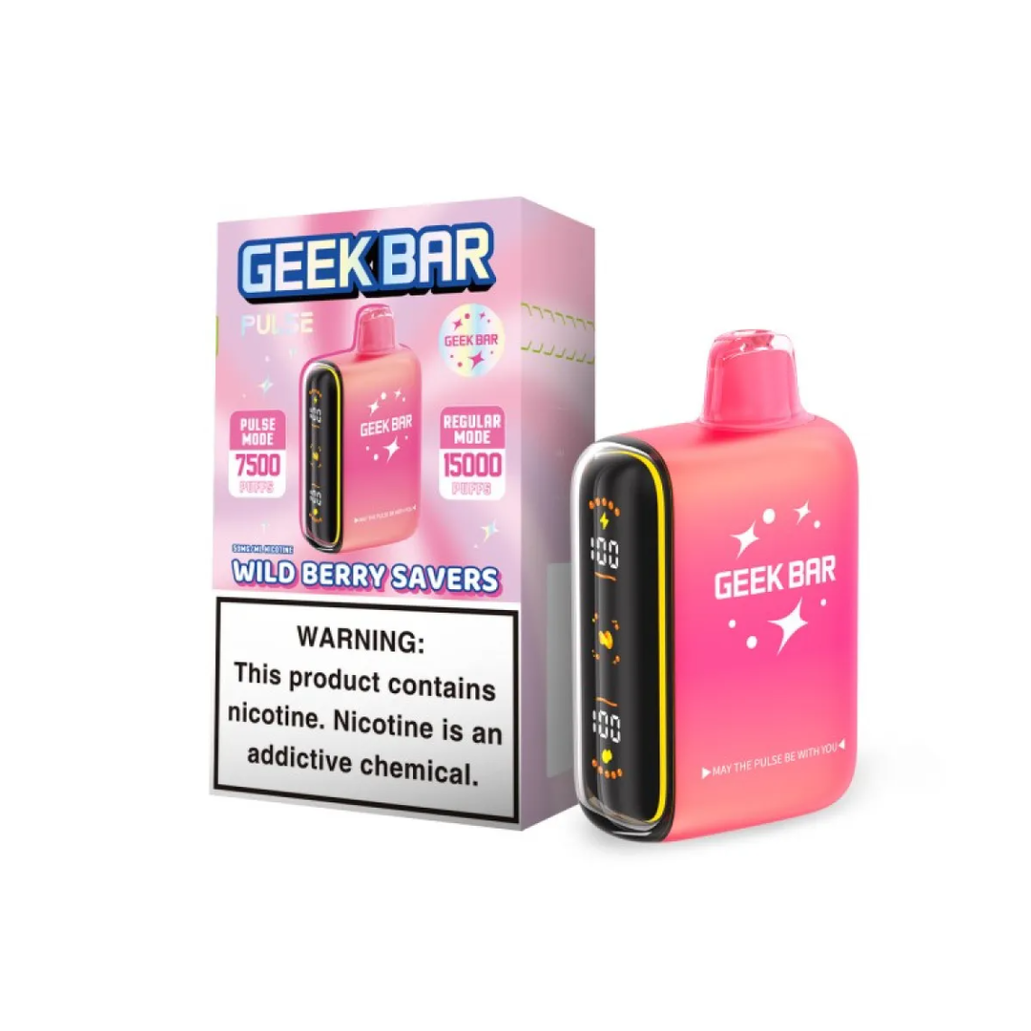 Geek Bar Pulse wildberry flavor package on white background.